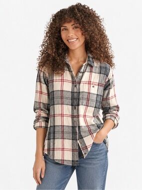 Roots Women’s Black, White & Red Smoke Lake Cabin Plaid Flannel Button-Up Shirt